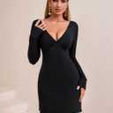 GLNEGE Long Sleeve V-Neck Bodycon Mini Dresses Sexy Backless Cocktail Party Club Night Out Dress for Women (Black, M)