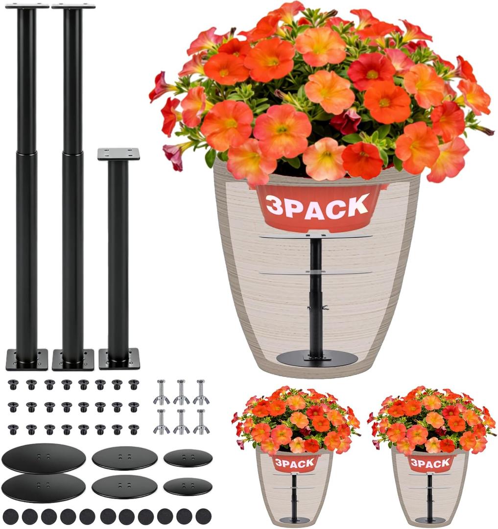 3-Pack Adjustable Plant Risers for Inside Pots, 7"-22" Metal Plant Riser/Lifters for Pots Outdoor & Indoor, Tall Square Round Taper Planters, Planter Insert 6"/8"/10" Base & Top, Black