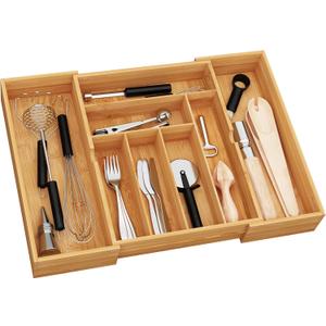 BAMEOS 3" Deepth Expandable Drawer Organizer, Deep Flatware Organizer, Adjustable Silverware Organizer, Bamboo Drawer Organizer for Kitchen, Bathroom (Natural)