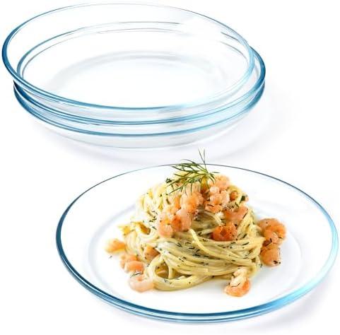 NUTRIUPS 4 Pack 10in Glass Dinner Plates - with Lipped Edge - Clear Tempered Glass Plates, Glass Serving Dinnerware for Pasta, Salad, Dishwasher & Microwave Safe