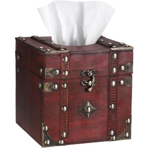 Sumnacon Tissue Box Retro Wood Square Tissue Box Cover Vintage Cube Tissue Box Holder,Decorative Tissue Holder for Bedroom Bathroom Toilet Table Desk Car Store Office Home,Red