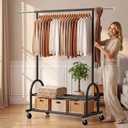 Heavy Duty Metal Clothes Rack Load 586 LBS, Height‑Adjustable Rolling Garment Rack for Hanging Clothes, Sturdy Wheel Clothing Rack with 2 Shelves, Portable Closet Wardrobe Organizer Rack,Black
