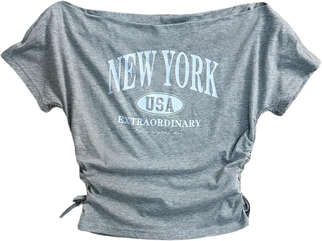 Girl's Letter Print Off The Shoulder T Shirt Short Sleeve Ruched Summer Street Crop Tops (Grey) 15y