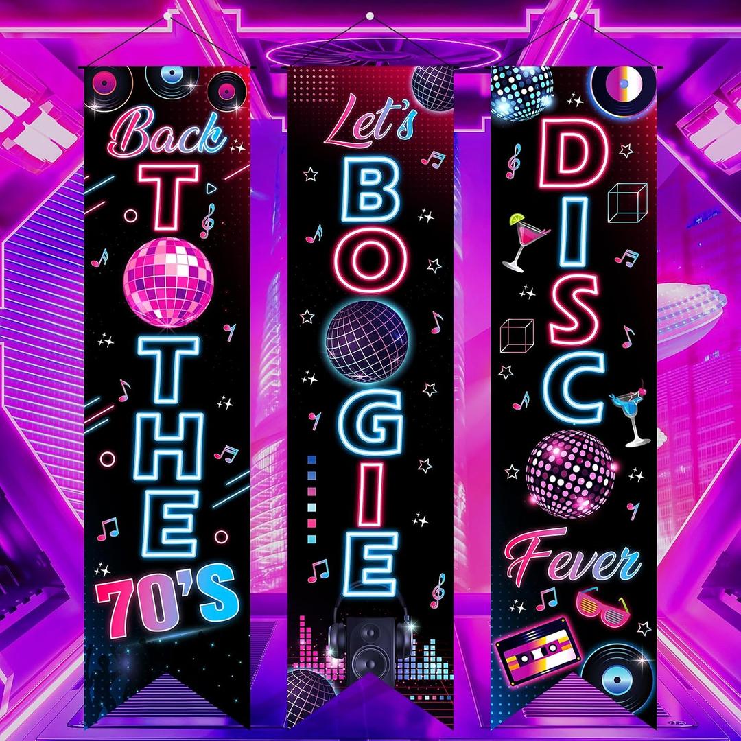3Pcs 70s Party Decorations Back to The 70's Banner Let's Boogie Porch Signs Disco Fever Hanging Front Door Banner for Retro 70s Disco Birthday Hippie Party Door Wall Decor Supplies