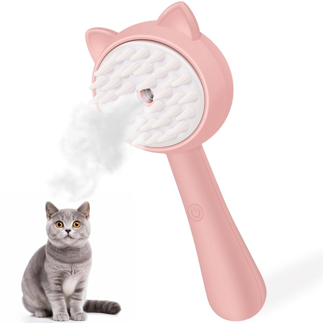 Cat Steam Brush, 3 in 1 Steamy Pet Brush for Dogs, Silicone Hair Steam Brush for Indoor Cat Kitten(Pink Cat, 3 pack)