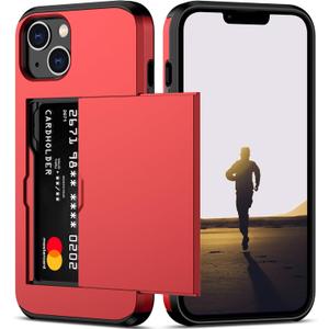 Nvollnoe for iPhone 13 Case with Card Holder Heavy Duty Protective Dual Layer Shockproof Hidden Card Slot Slim Wallet Case for iPhone 13 for Women&Men(Red)