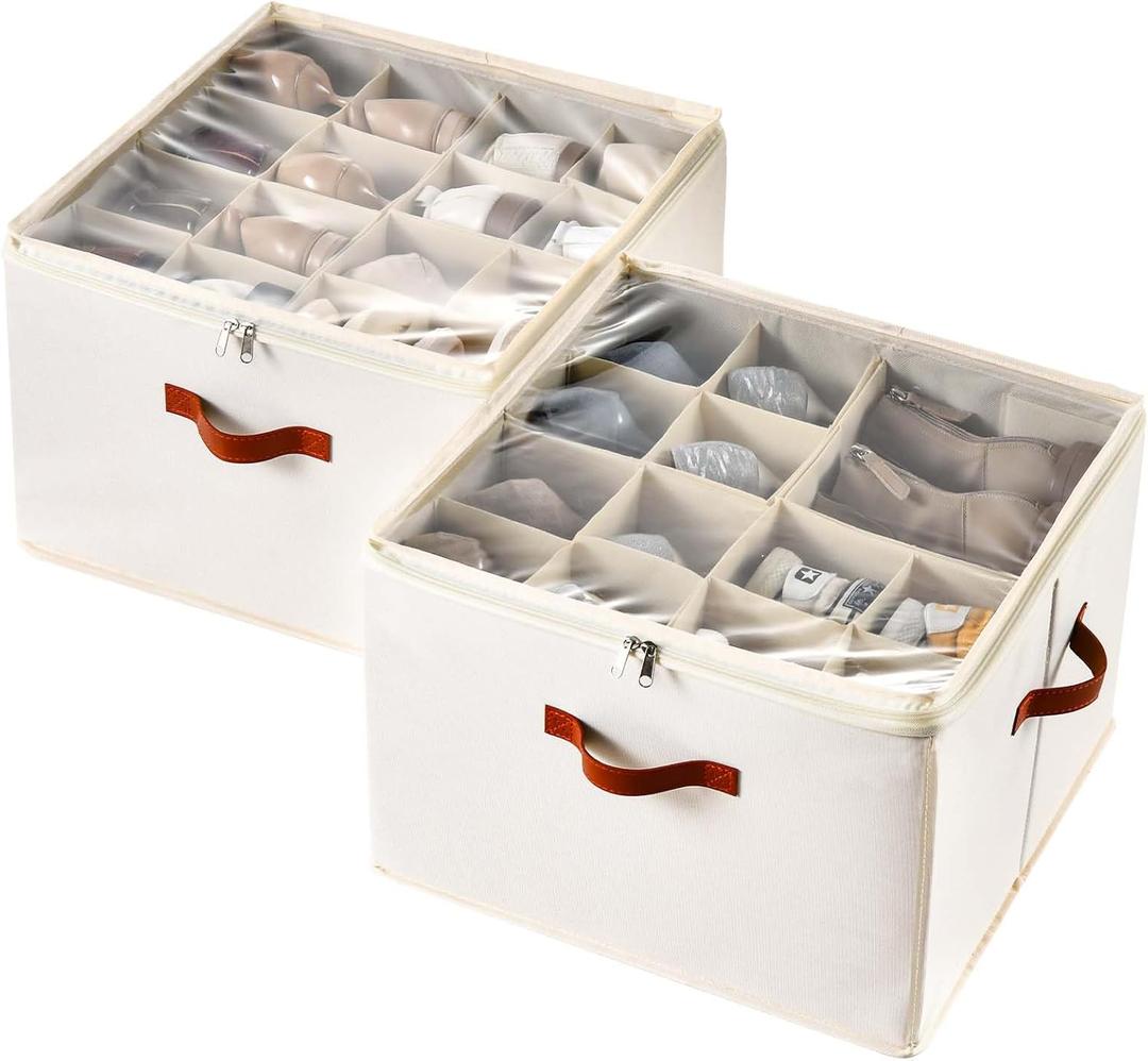 Shoe Organizer for Closet, 2 Pack Foldable Shoe Storage Containers, Fits up to 16-32 Pairs, Adjustable Dividers for Shoe Organizer, Fabric Shoe Storage Bins with Clear Cover, Beige
