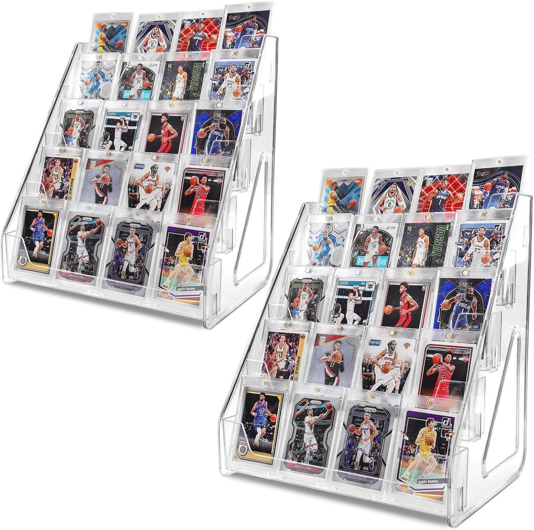 Card Display Stand, Vertical Holder Shelf for Baseball Basketball Sports Graded Cards Display Stand Tabletop for PSA BGS SGC Slabs TCG Sports Card Collection, Snap-On Assembly (5 Tier 2 Pack)