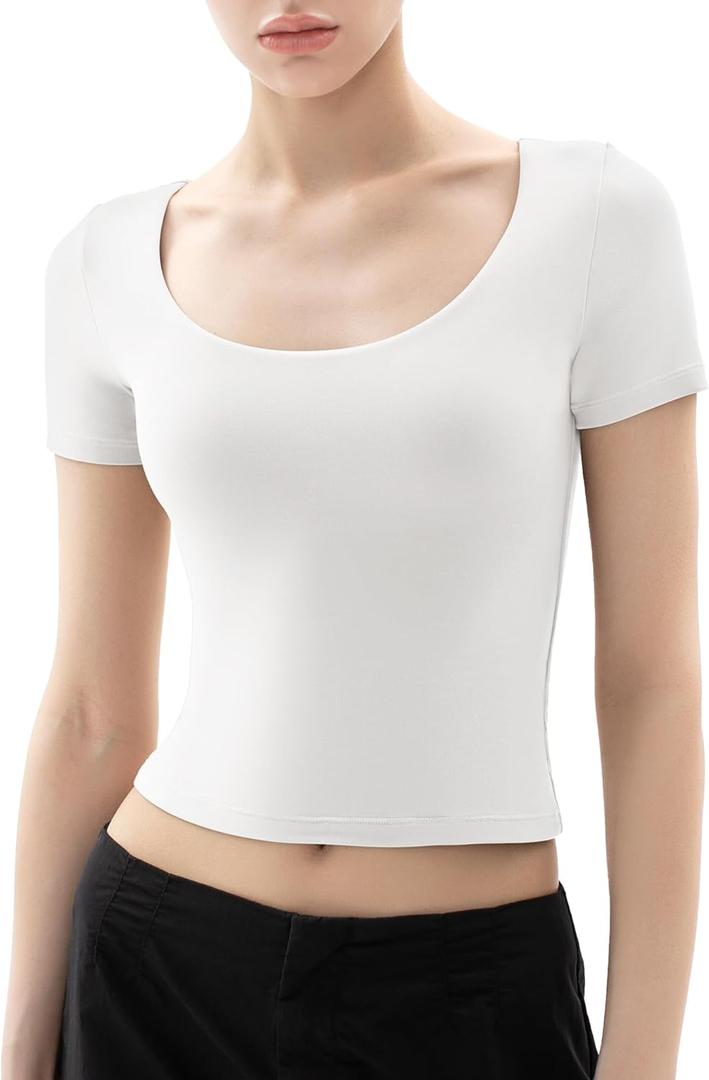 PUMIEY Women's Scoop Neck Short Sleeve T Shirt Slim Fit Sexy Tops Smoke Cloud Collection (Medium, 02 Splashed White)