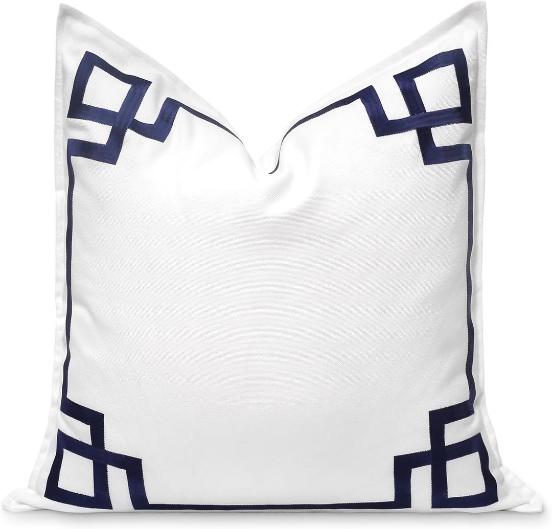 Hofdeco Premium Coastal Patio Indoor Outdoor Throw Pillow Cover Only, 20"x20" Water Repellent for Backyard, Couch, Navy Blue Embroidered Frame Greek Key