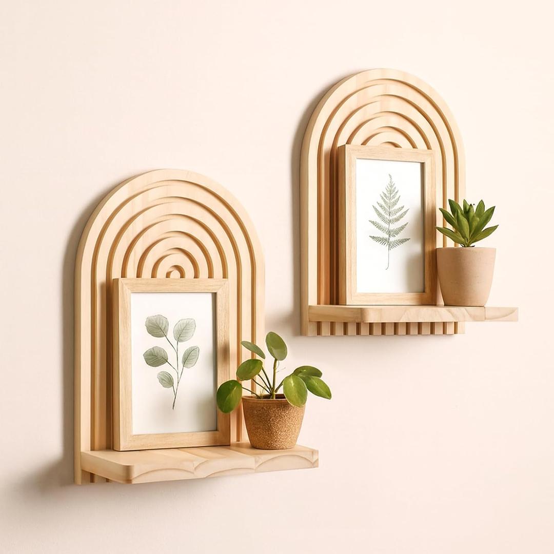 Artilady 2 Pack Boho Wood Wall Hanging Shelf - Handmade Rainbow Arch Floating Shelves Trinket Storage Rack Modern Wall Decor for Bedroom Living Room Nursery Bathroom