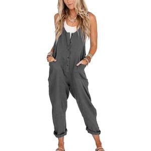 Yeokou Womens Overalls Linen Cotton Jumpsuits Loose Casual Jumpers with Pockets(Grey-S)