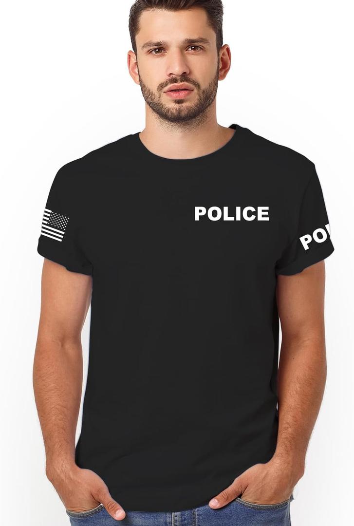 Veracco 2-Sided Police T-Shirt  Cop Guard T-Shirts Event Staff Shirt Two-Sided American USA Flag On Arm Men Tees (X-Large, Black)