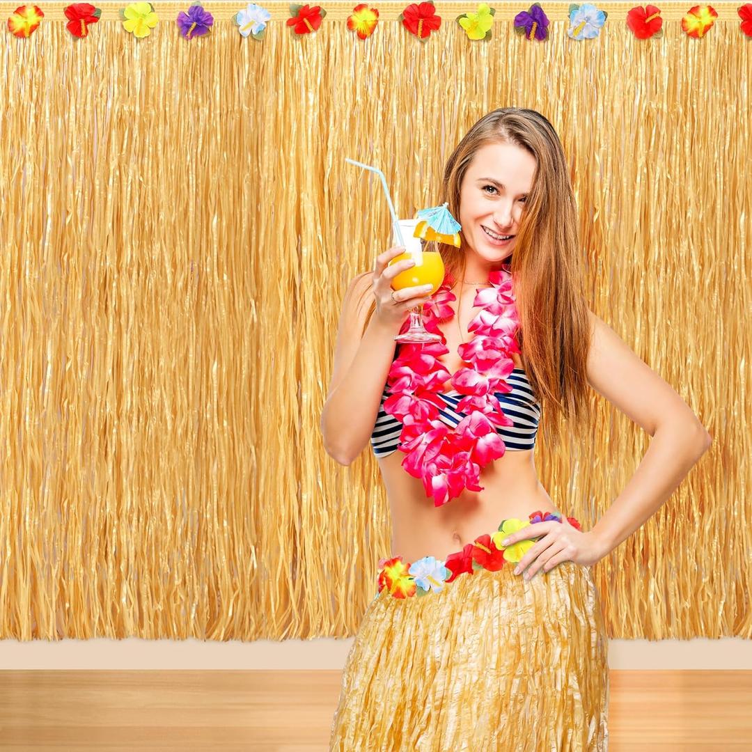 Fovths 1 Pack Luau Grass Backdrop 6 x 9 Feet Extra Long Hawaiian Party Decorations Tropical Straw Yellow Party Favors for Hawaiian Luau Tiki Bar Parties Decor, Photo Booth Props