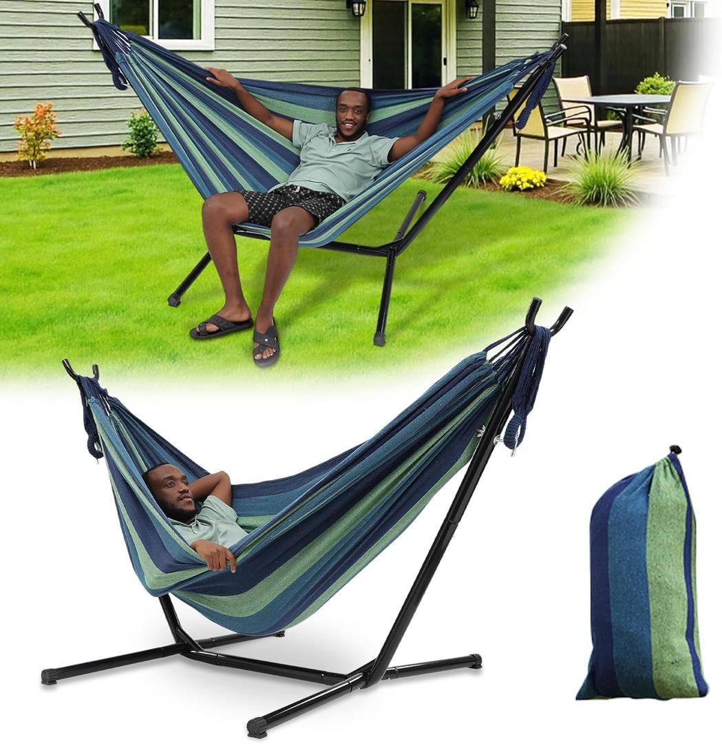 Hammock with Stand for Outside,600lb Weight Capacity Adjustable Height 3-in-1 Portable Hammock for Outdoor&Indoor Camping Backyard Bedroom(Hammock, Stand & Carry Bag) (Blue)