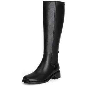 Knee High Boots Women Faux Leather Elastic Boots Low Heel Square Toe Side Zipper Fall Long Tall Boots for Women (9, Black)