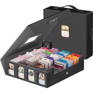 3200+ Trading Card Storage Box with Commander Display, 4 Row Card Deck Box with Portable Handle, Compatible for TCG/MTG/Magic Cards, 30 Colorful Divider, 8 Supporters, US Design Patent (Black&Grey)