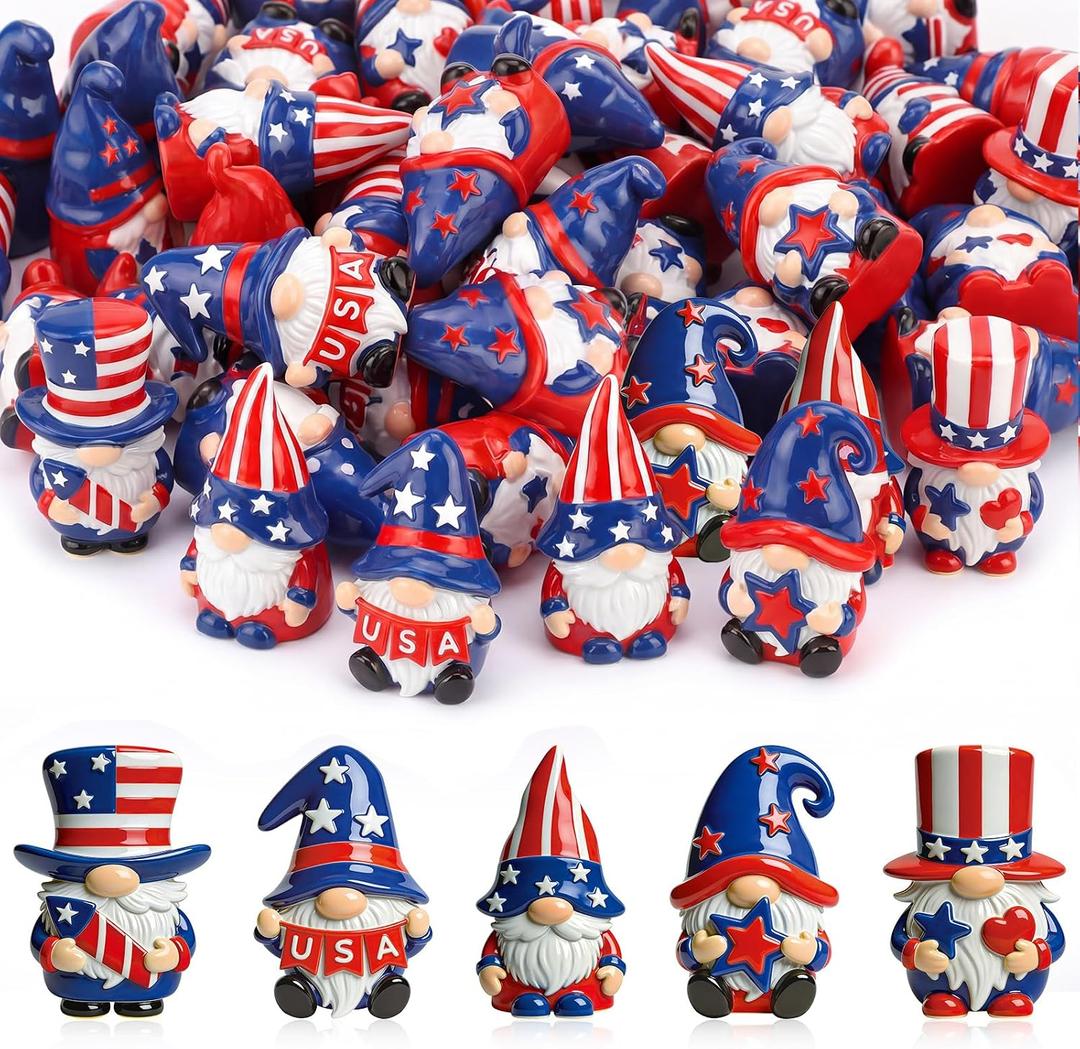 AceOrbit 50 Pcs 4th of July Mini Gnome Figurine Independence Day Miniature Resin Gnomes Decor Memorial Day Decor Stars Stripes Gnomes Gifts for Anniversary Decorations Garden Ornament to Hide