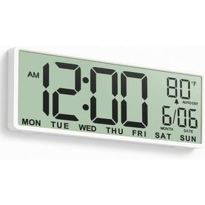 JALL 14.5" Large Digital Wall Clock Battery Operated with Big Digits LCD Screen Display, Day, Date, Alarm, Auto DST, Temperature for Living Room, Bedroom, Desk Decor, Mounted, Gift for Elderly (White)