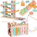 Wooden Montessori Toys for 1 Year Old, Pounding Hammering Toy with Xylophone & Fishing Game, Car Ramp Toy, Stacking Blocks & Shape Sorter 3 in 1 Wooden Toddler Toys 1 2 3 for Christmas Easter Gifts