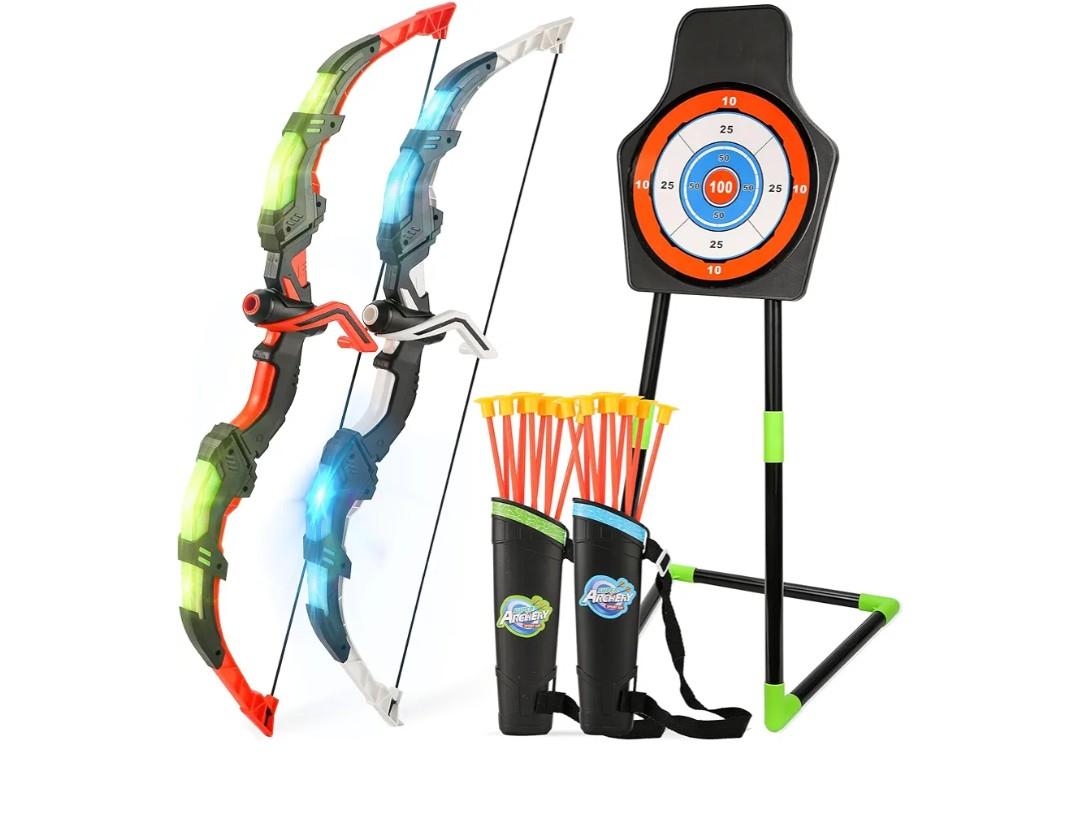 Bow and Arrow Set for Kids, 2-Pack LED Light Up Archery Set with 20 Suction Cup Arrows, Indoor and Outdoor Toy for Boys Girls Age 4-8 8-12 with Standing Target&2 Quivers, Birthday Gift 3-12 Years Old