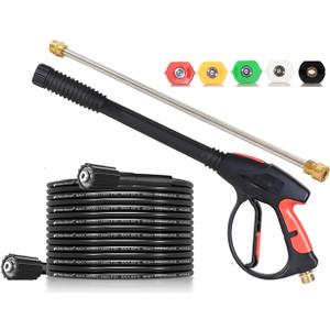 Brass Power Washer Gun and Hose Kit, Pressure Washer Gun with Replacement Wand Extension, 25 FT Power Washer Hose, 5 Nozzle Tips, M22 Fitting, 40 Inch Adjustable Length, 4000 PSI