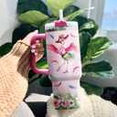 Red Steel Women Adults For Coffee Flower Tumblers Stainless Rose Simple Handle Quartz, Tumbler 40 Oz With Handle Lid And Straw, Funny Flamingo Tropical Floral, Flamingo Gifts