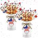 Tioncy 2 Sets 4th of July Patriotic Table Centerpieces Lighted Artificial Memorial Day Red White Blue Berry Stems Flag Star with Metal Vase Light Rustic 250th Anniversary Decor for Home Dining Table