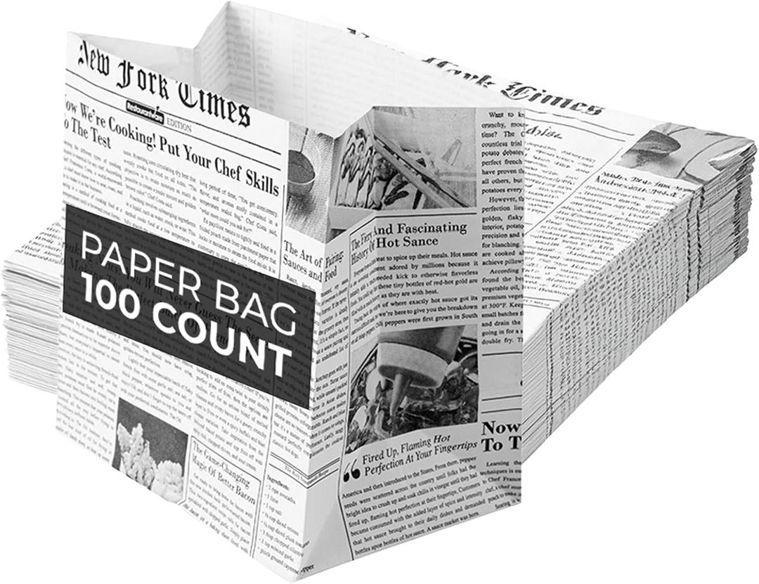 Restaurantware Snack Bags 100 Count 4 x 2.25 x 3.75 Inches Paper Flat Bottom Newsprint Small Food Bags Disposable Newsprint Color