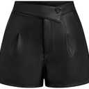 OYOANGLE Women's Minimalist Leather Button Pleated Shorts Zipper High Waisted Straight Leg Casual Shorts, No Size