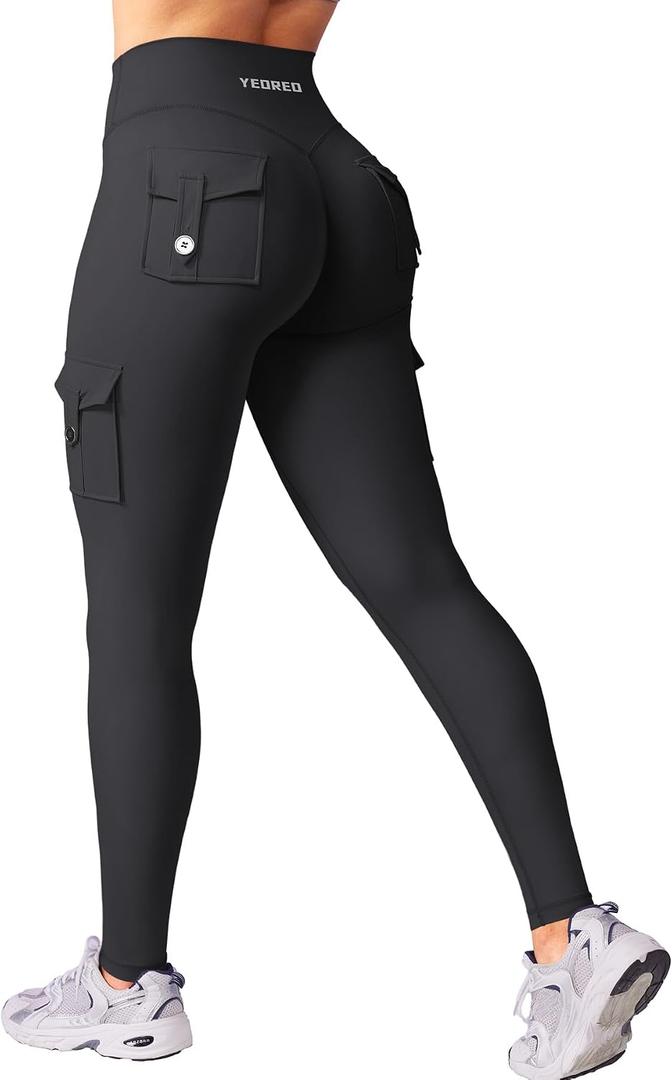 YEOREO CoreFlex Workout Cargo Leggings with Pockets for Women Hidden Scrunch Butt Lifting Leggings Gym Yoga Pants (Black, XS)