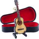 Wooden Miniature Guitar with Stand and Case Mini Musical Instrument Guitar Replica Collectible Figurines Dollhouse Accessories Model Home Decoration Display Ornament (3.94"x1.42"x0.59")