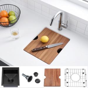 KINGO HOME Black Undermount Bar Sink, 13x15 Inch Stainless Steel Small Workstation RV Sinks 16 Gauge Ledge Kitchen Gunmetal Black Single Bowl Kitchen Wet Bar Prep Sink with Accessories
