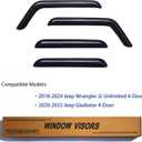 Window Visors Rain Guards fits 2018-2026 Wrangler JL Unlimited 4-Door, Out-Channel Window Wind Deflectors Vent Shades Accessories for 2020-2026 Gladiator 4-Door, Dark Smoke 4 Pcs
