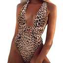 Lilosy Sexy Lace Up Plunge Neck Backless High Waisted Low Cut Leg Rise Thong Cheeky Brazilian 1 Piece Bikini Swimsuit Women Back Bathing Suit Tie Criss Cross Monokini Leopard Small