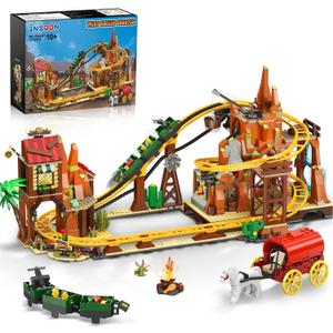 Western Roller Coaster Building Set, Rollercoaster Building Toy with Mine Train, Lifting Chain Drive, Carriage, 1270PCS Mining Coaster Model Playset Gift for Adults Teens Kids Boys Girls 10-12+