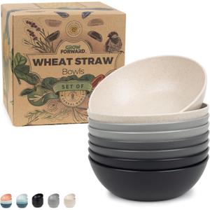 Grow Forward Premium Wheat Straw Bowls - 20oz Microwave Safe Plastic Cereal Bowls Set of 8 for Kitchen, Camping, RV, Dessert, Snack, Soup, Salad, Fruit - Reusable, Unbreakable & BPA Free - Moonlight
