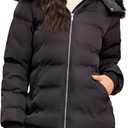 Women's Puffer Parka Winter Coat Warm Fleece Lined Jacket with Faux Fur Hood, Slant Pockets, Elastic Waist (Large, Black)