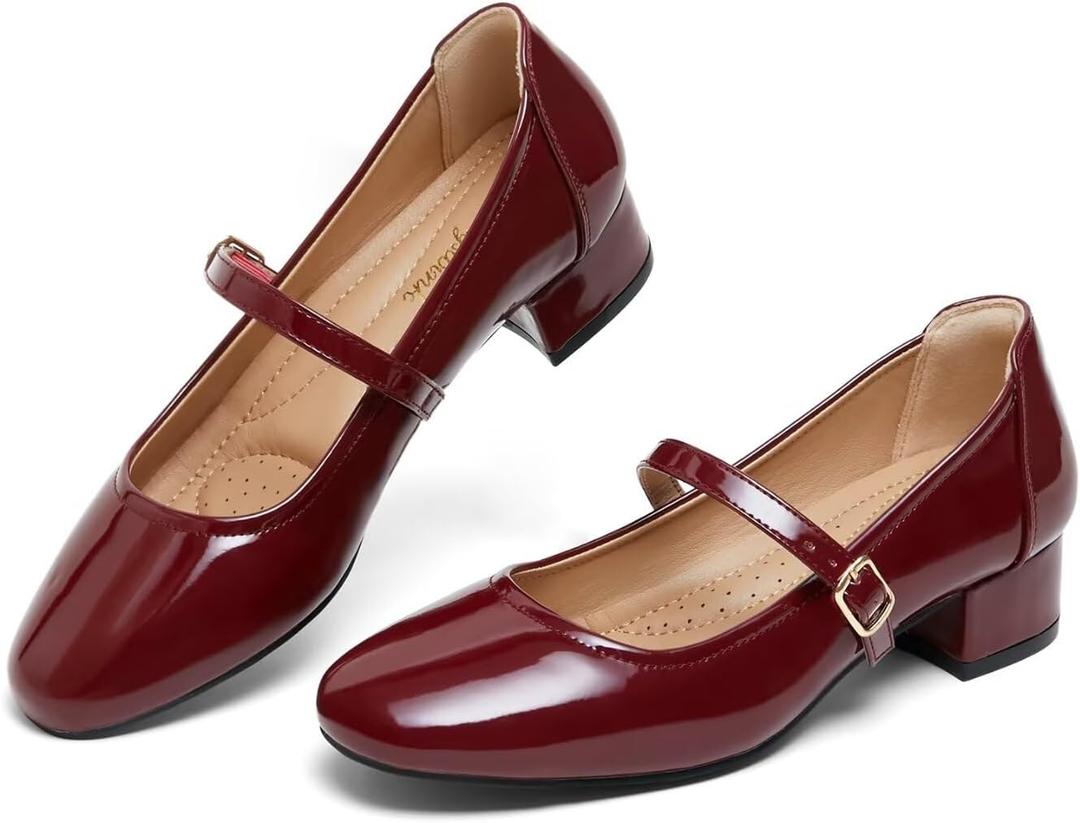 hingswink Mary Jane Shoes Women Low Heels Dress Shoes Pumps Low Heel 2 Inch Chunky Heel Mary Janes Pumps with Adjustable Ankle Strap for Women Dressy Casual (8, Shinny)