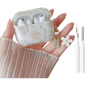 MINSCOSE Compatible with AirPods Pro 3rd Generation Case (2025) with Cleaner Kit,Cute Cartoon Flower Pattern Design with Floral Keychain, Soft TPU Protective Shockproof Case for AirPods Pro 3-White