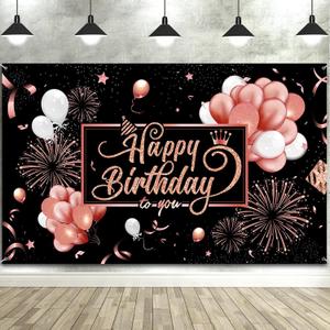Blulu Happy Birthday Backdrop Banner Sign Poster Large Fabric Glitter Balloon Fireworks Sign Photo Backdrop Background for Birthday Party Decoration Supplies, 72.8 x 43.3in (Pink and Black)