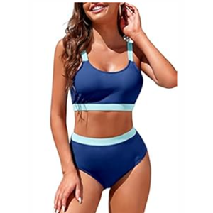 Womens High Waisted Bikini Sets Sporty Crop Top Color Block Swimwear Bandeau Scoop Neck Vintage Two Piece Bathing Suits (X-Large, Blackish Green)