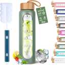 Aqulea Glass Water Bottles 32 Oz with Silicone Sleeve - BPA Free Reusable Wide Mouth Glass Motivational Water Bottles with Fruit Infuser  Leak Proof Borosilicate Water Bottle with Time Marker (Green)