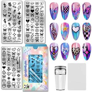 PH PandaHall 125 Patterns Punk Style Nail Stamping Plate 3pcs Heart Bows Nail Art Templates Lightning Star Nails Art Stencils Butterfly Nails Image Plate for Women Manicures Salon Print Design