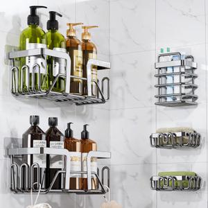 BEKU Shower Caddy 5 Pack - Bathroom Kitchen Organizer & Storage Rack - Adhesive Shelves Inside Shower - No Drilling Stainless Steel Accessories Set - Silver