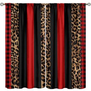 Leopard Print Curtains Red And Black Cheetah Buffalo Plaid African Wildlife Brown Skin Geometric Splicing Pattern Printing Bedroom Living Room Rod Pocket Window Drapes 2 Panels W42xl45 Inch Decor (Style-8)