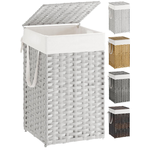 SONGMICS Laundry Hamper with Lid, 17.2 Gallon (65 L) Synthetic Rattan Clothes Laundry Basket with Lid and Handles, Foldable, Removable Liner, Cloud White ULCB165W01