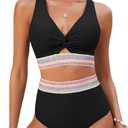 GRAPENT Bikini Sets for Women High Waisted Two Piece Swimsuit Padded Knot Twist Cut Out Color Block Bathing Suit Bikinis ,L