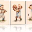 Teddy Bear Sports Nursery Animal Canvas Wall Art Cute Woodland Rugby Wall Decor Pictures Vintage Basketball Baseball Kids Room Poster Prints for Boys Room Bedroom Playroom Decorations16x24in canvas, 16inx24in canvas