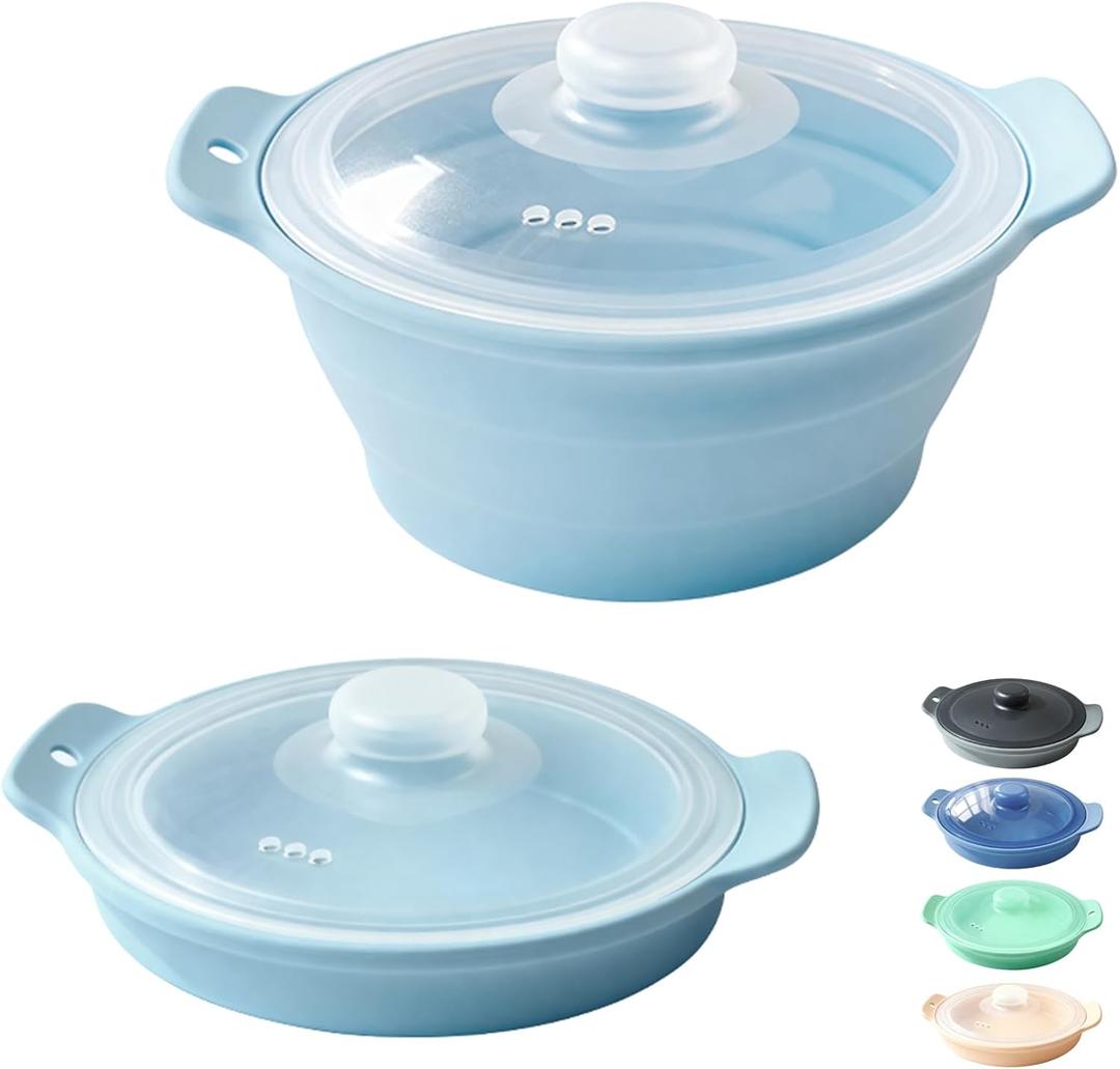 42oz Silicone Microwave Steamer For Vegetables, Cooker For Microwave with Handle & Lid, Collapsible Steam Pot, Heat-Resistant Cooker with Steam Holes, BPA Free, Dishwasher Safe (Blue)
